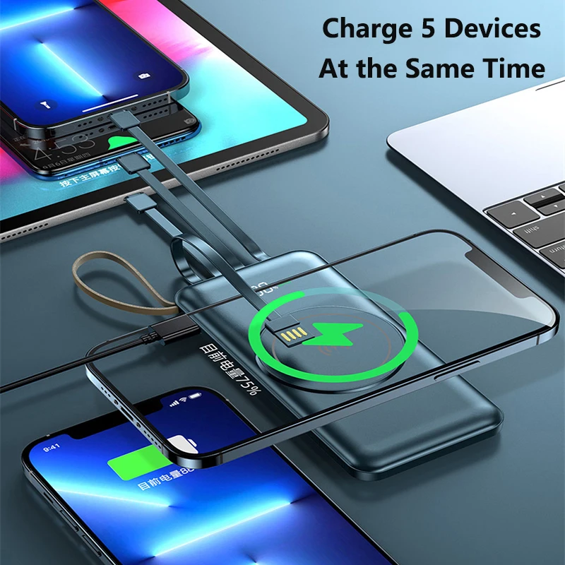 Magnetic Wireless Charger Magsafe Power Bank 20000mAh Built in Cable for iPhone 15 14 Xiaomi Samsung Portable Induction Charger