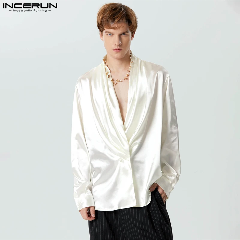 INCERUN Men Shirt Solid Color Satin V Neck Long Sleeve Button Streetwear Casual Men Clothing Loose 2023 Fashion Camisas S-5XL