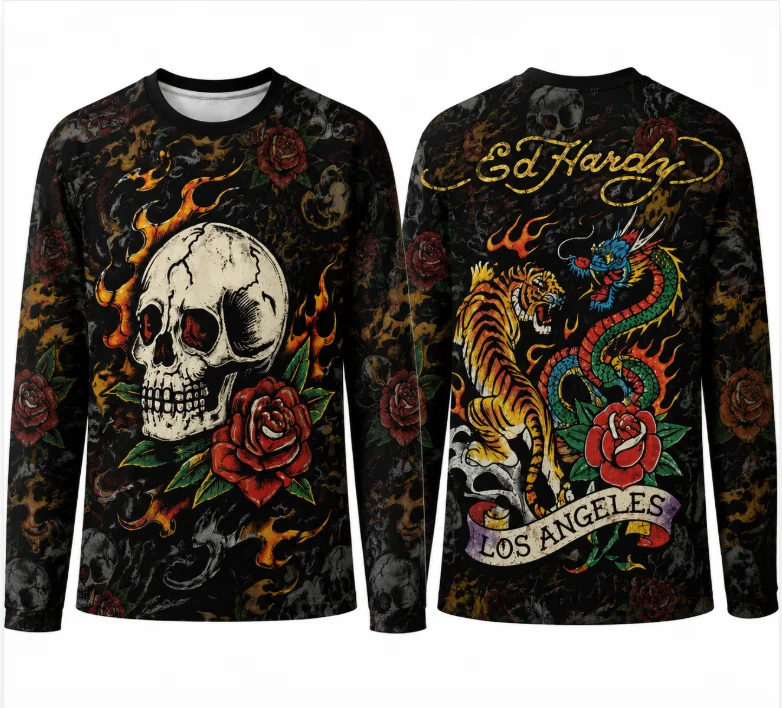 Vintage Graphic Long Sleeve T‑Shirt Skull Rose Dragon Tiger Flame All Over Print Tee Y2K Streetwear Casual Tops For Men Women