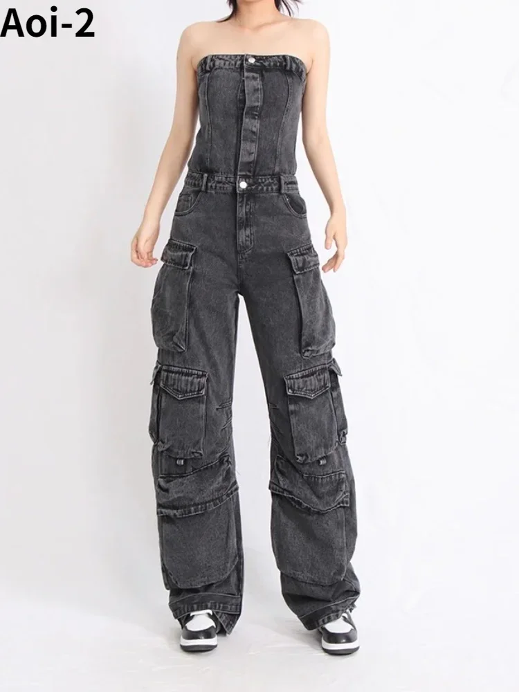 

Vintage Streetwear Denim Jumpsuit Women Spring Summer New Punk Rock Style Black Strapless Slim Fit Old Washed Wide Leg Pants