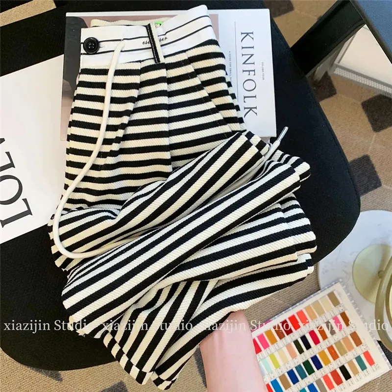 Black And White Striped Wide-Leg Trousers For Female Spring Autumn Thin New High Waist Vertical Casual Suit Pants Woman Clothing