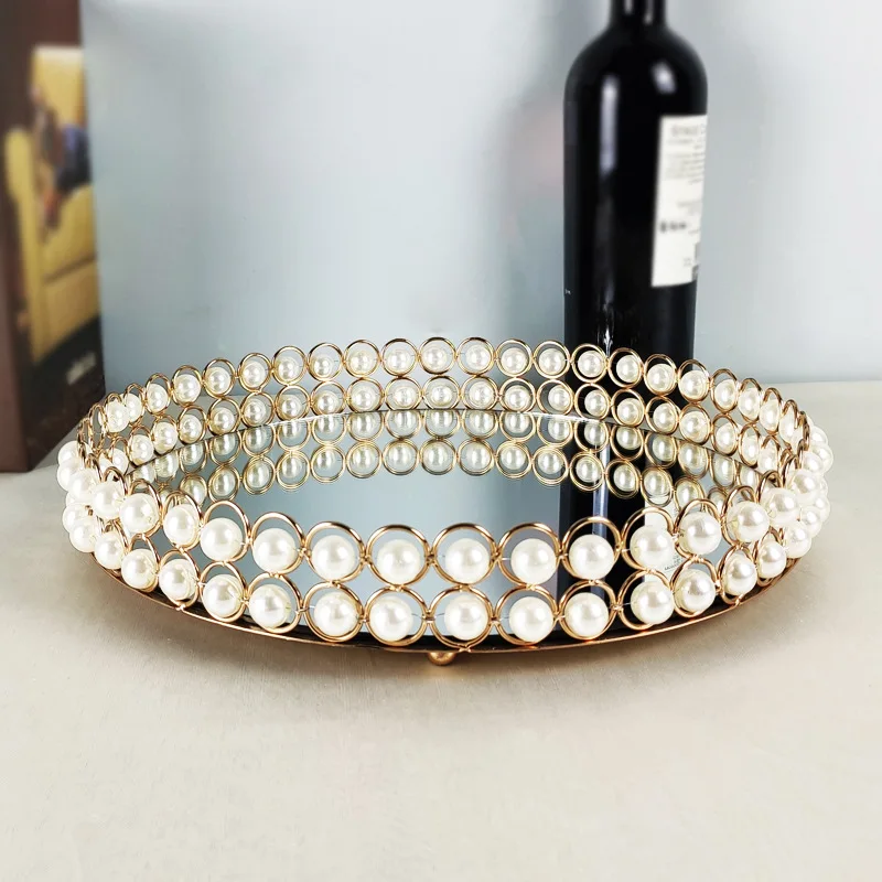 European Pearl-edged Glass Tray Ornaments Cosmetic Mirror Storage Tray Wedding Props Mirror Cake Rack Round Glass Plate