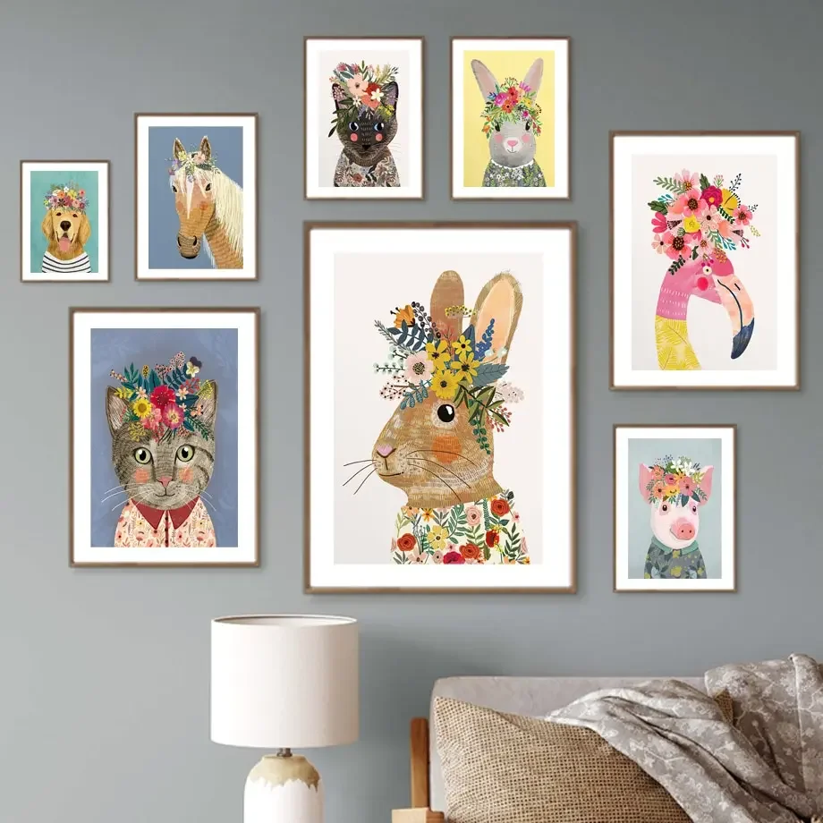 Bear Cat Cheetah Panda Elephant Rabbit Flowers Wall Art Canvas Painting Nordic Posters And Prints Wall Pictures Kids Room Decor