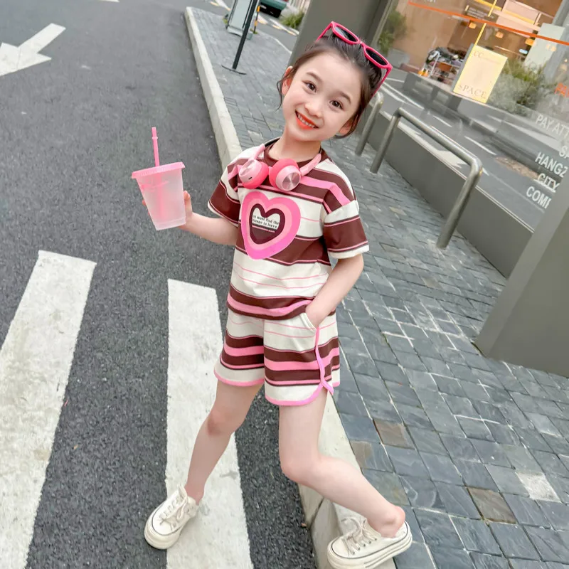 Children's New Set Summer Girls Fashion Stripe T-shirt Short Sleeve+Casual Shorts Set Princess Personalized Baby Clothing Set 7T