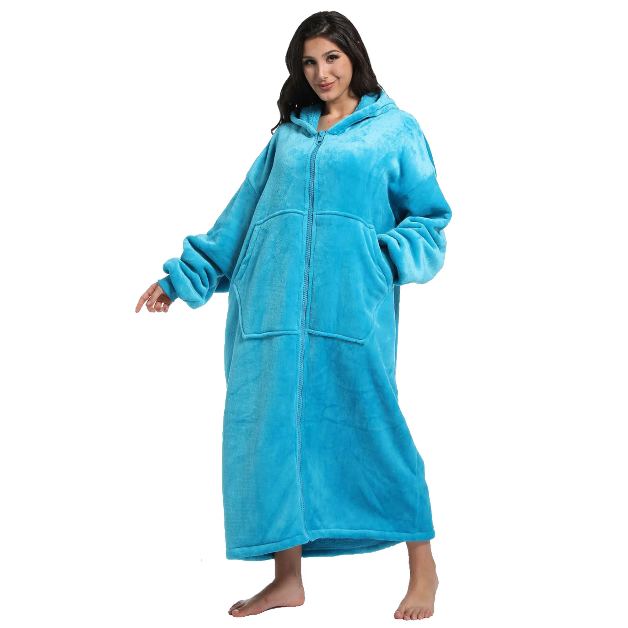 Pijamas largos de invierno con capucha para hombre y mujer, cómodos e informales, con apertura de cremallera y forro polar