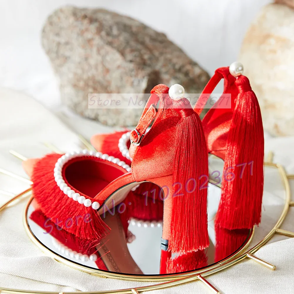 Red Tassel Pearl High Heels Satin Sandals Women Chic Pointy Festive Bridal Shoes Female Ankle Strap Elegant Party Dress Sandals