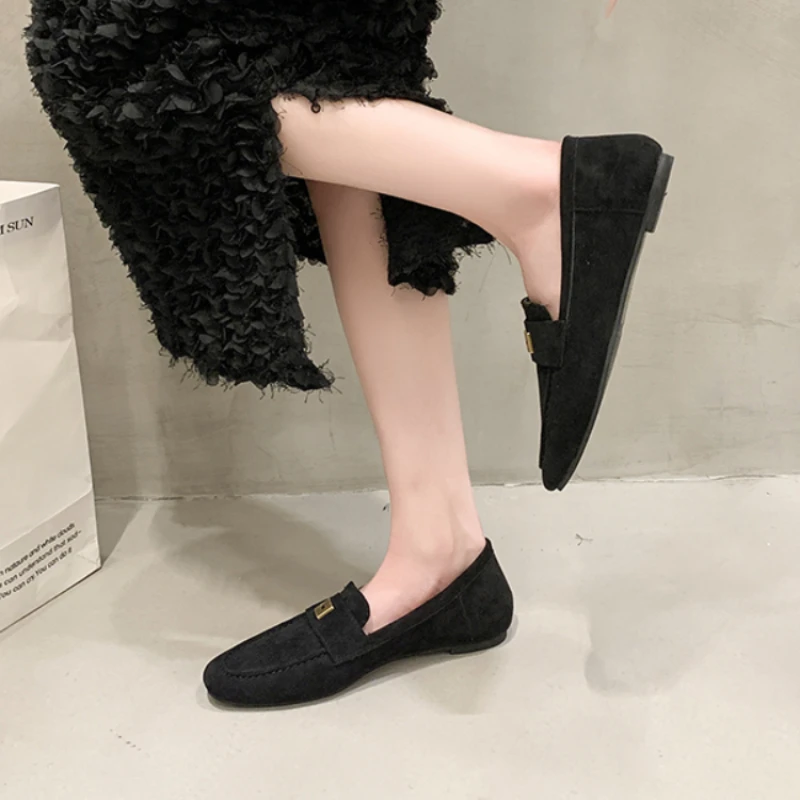 Loafers for Women's Suede Metal Square Buckle Flat Sole  Early Spring New Retro British Style One Foot Soft Sole Single Shoes