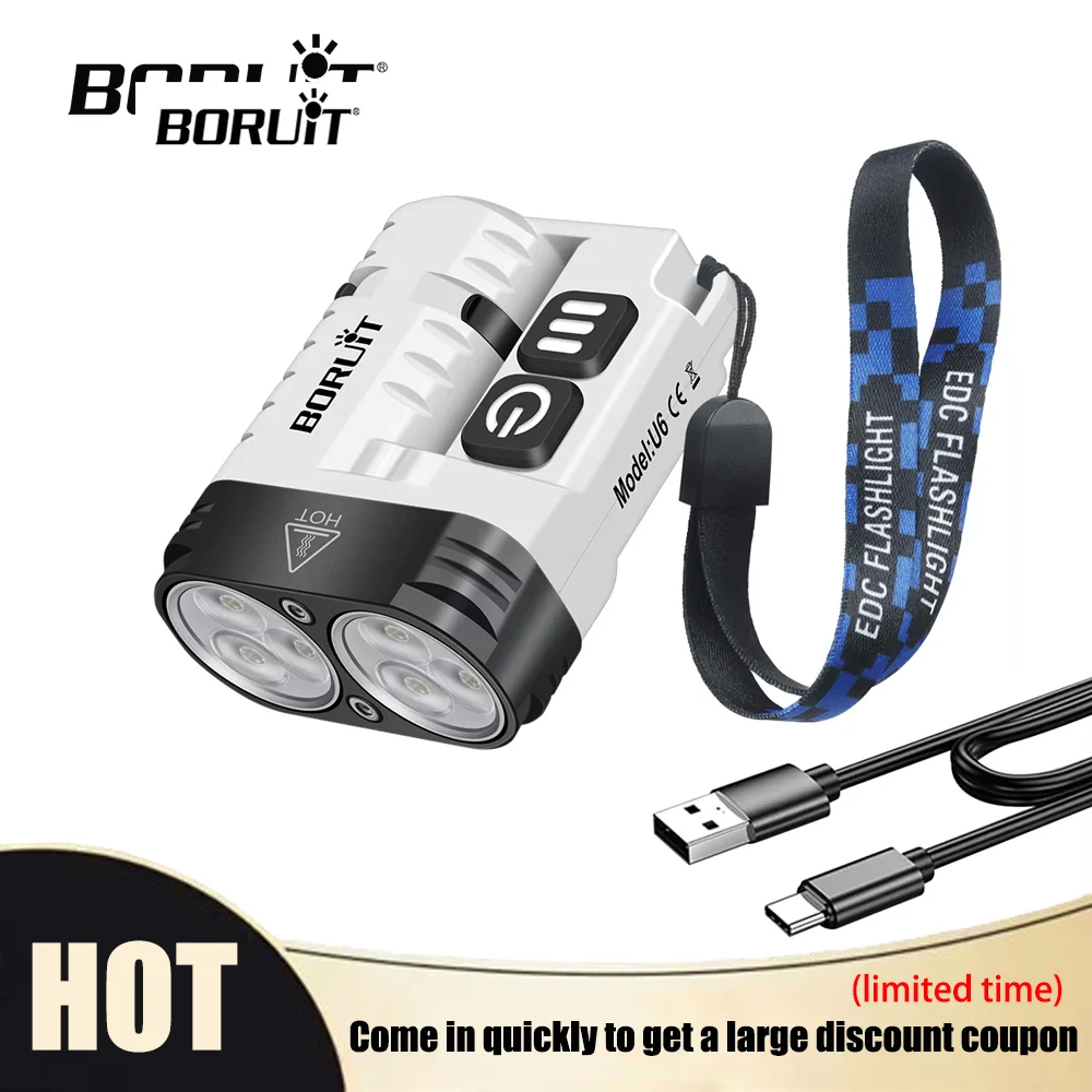 

BORUiT U6 LED Flashlight Keychain With Magnet 1600LM USB-C Rechargeable IP68 Waterproof Camping Fishing Torch EDC Emergency Lamp