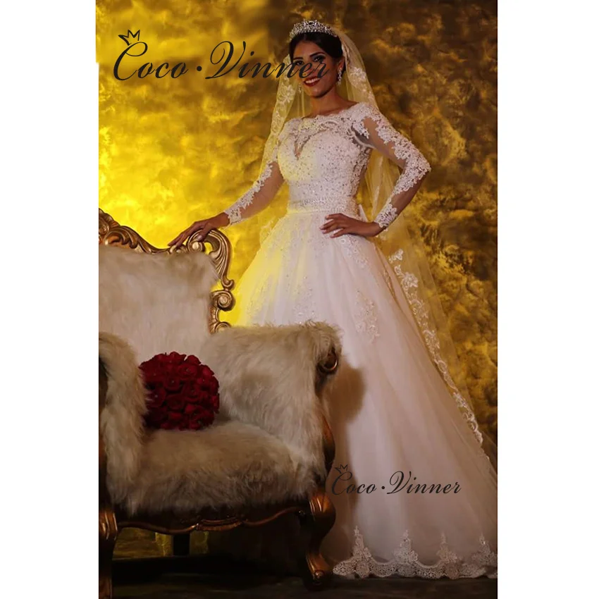 

Customized See-through Long Sleeves A Line Wedding Dresses Lace Appliques With Beading Button Back With Sashes Bride Dress W0007