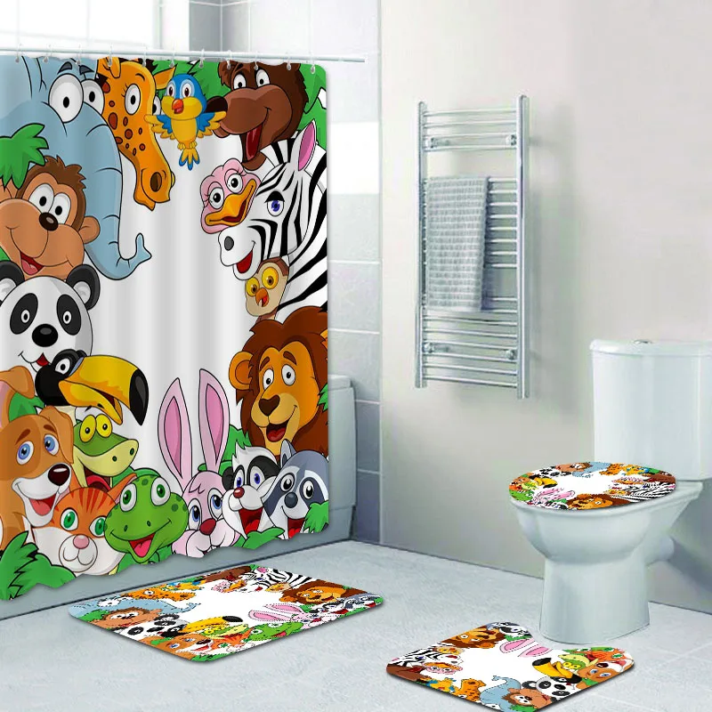 3D Cute Cartoon Animals Safari in Jungle Shower Curtain Set for Kid Bathroom Giraffe Monkey Bear Bathroom Mats Rugs Toilet Decor