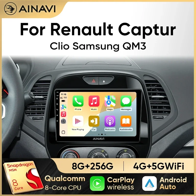 Ainavi Car Radio For Renault Kaptur Captur Clio Samsung QM3 2017 2018 2013-2020 Multimedia Android 12 Auto Wireless Carplay 2DIN