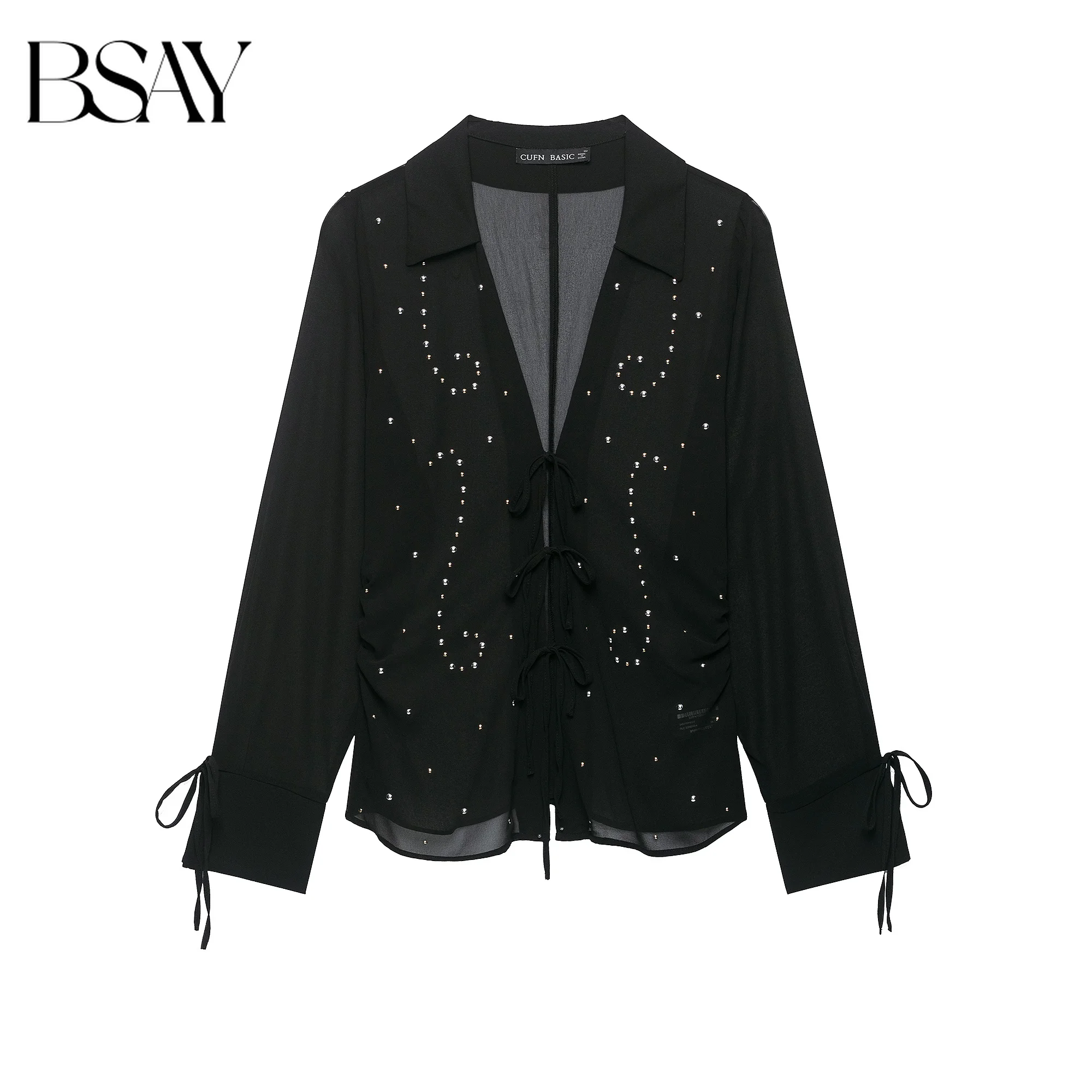 BSAY French Elegant Women Rivet Detail Semi Transparent Shirt Lapel Collar Tie Front Ruched Side Sleeve Tie Cuff Casual Blouse