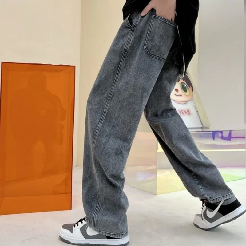 Neutral Simple Solid Long Jeans Men Korean Style Fashion High Street Loose Casual Jean Pants Male Daliy All-match Trousers