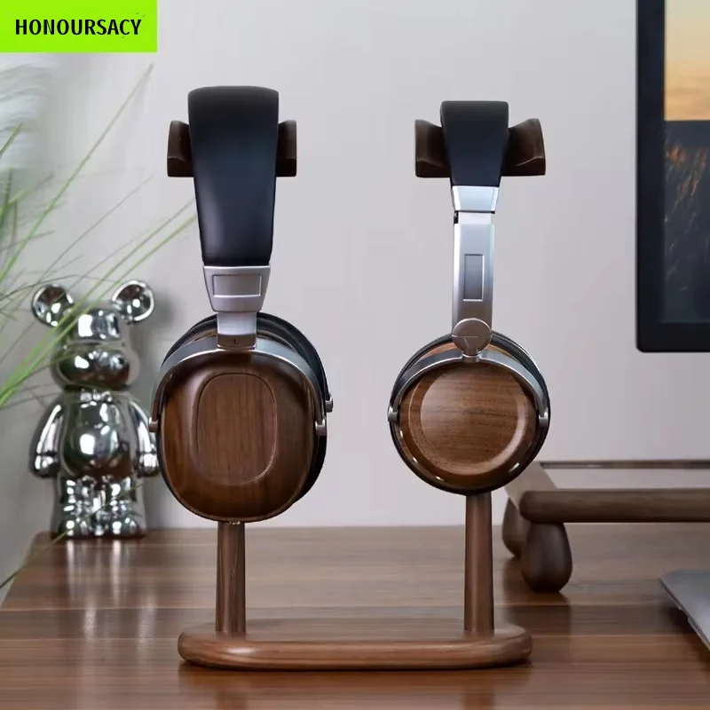 Universal Dual Headphone Holder Walnut Wood Two Headphone Hanger Minimalist Rack Support Headset Control Storage Solid Wood Rack