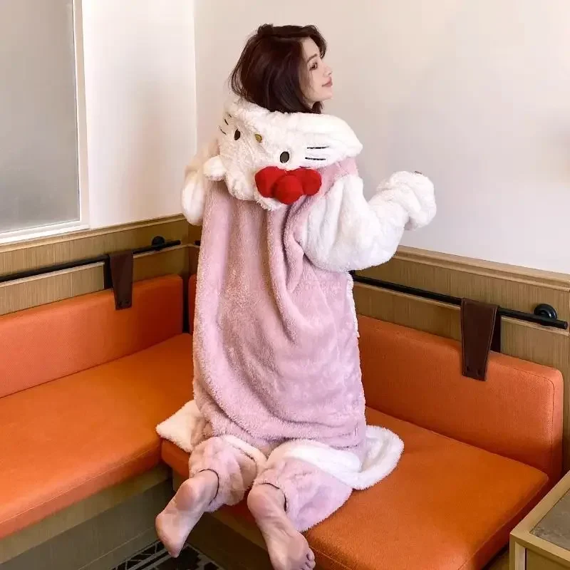 Hello Kitty Kawaii Sanrio Cute Bow Furry Pajamas Autumn And Winter Sweet Girl Long Pajama Anime Plush Couple Loungewear