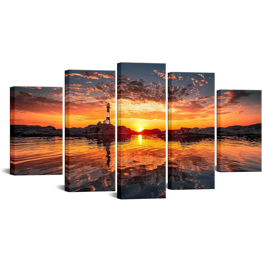 

Large Sunset Wall Art Lighthouse diamond painting kis Nature lake Scenic Pictures 5D diamond embroidery mosaic 5 PCS Wall Decor
