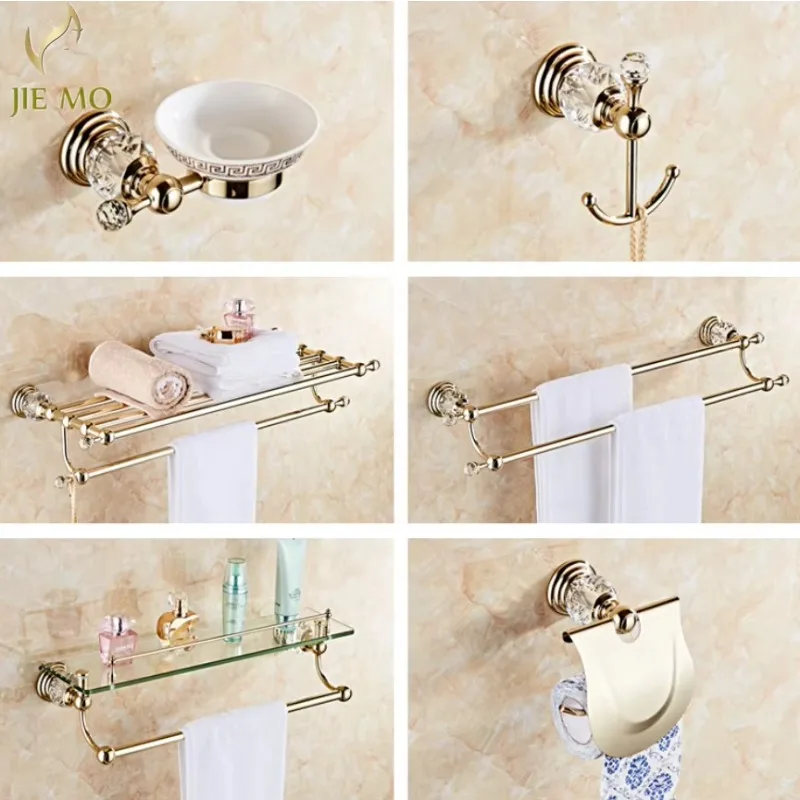 Wall Mount Gold 304 Stainless Steel Crystal Bathroom Set, Towel Bar, Towel Shelf, Paper Holder, Cloth Hook