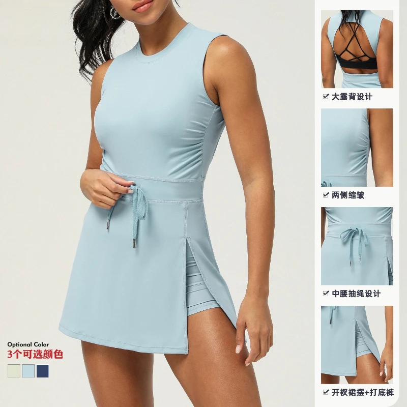 Summer Women Yoga Tennis Dress Quick-dry Breathable Sleeveless Backless Slim Golf Badminton Dress with Built-in Shorts Sportwear