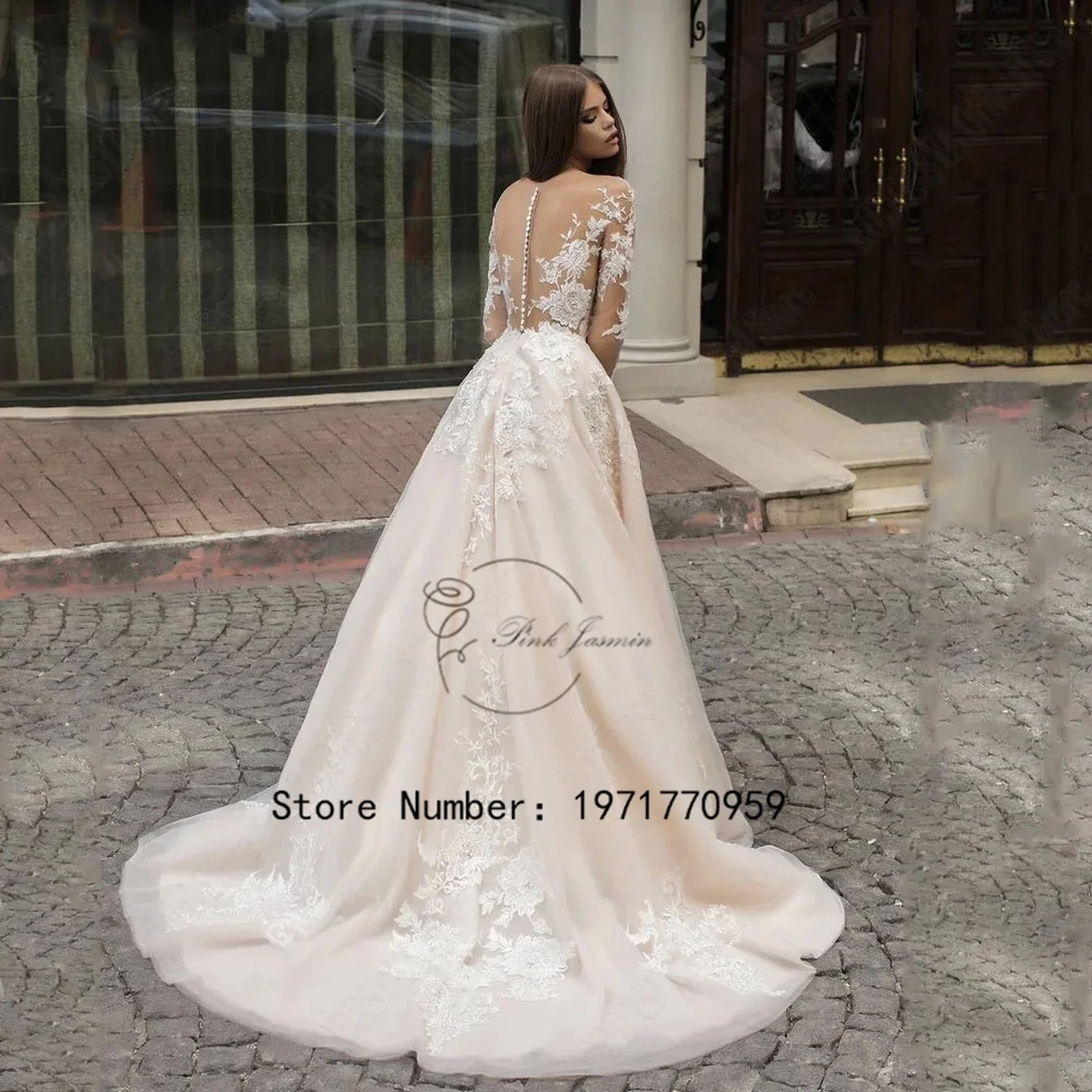 Customized Luxury Long Sleeve Wedding Gowns For Princess Scoop Neck A-Line Applique Elegant Applique Bridal Dress Robe De Marié