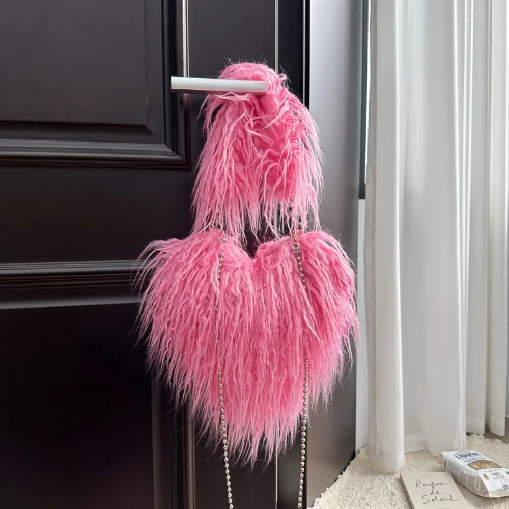 Women's Plush Heart-shaped Crossbody Tote Bags Sweet Love Faux Fur Female Underarm Shoulder Bag Soft Fluffy Handbags Woman Girls