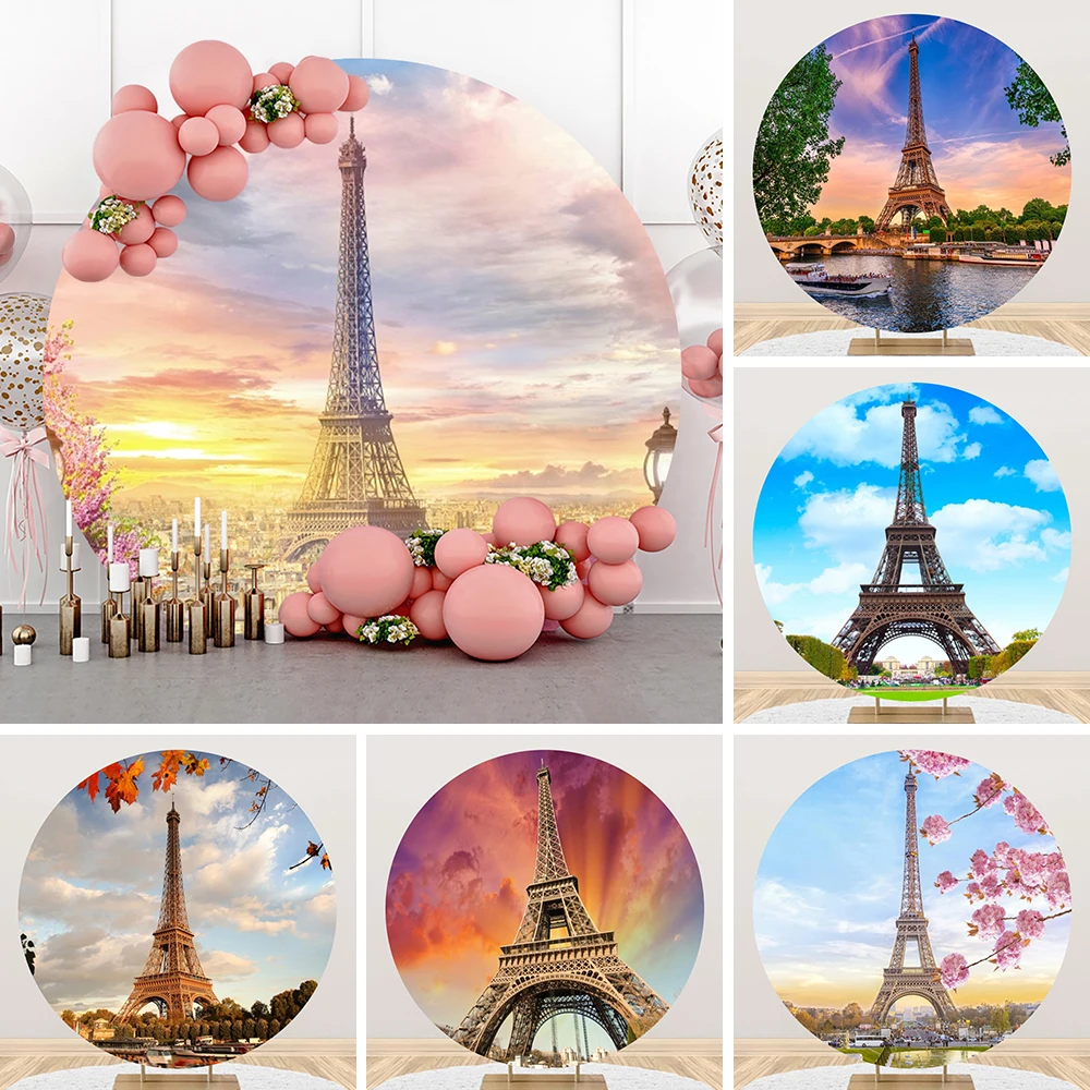 

Paris Eiffel Tower Round Photography Backdrop Natural Landscape Floral Baby Birthday Photo Area Decor Banner Video Backgrounds