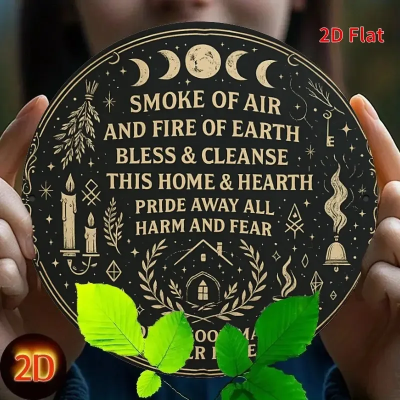 2D Flat Round Aluminum Sign 7.87x7.87 in, Earth Fire Smoke Witch Tin Plaque, Pagan Home Blessing Wall Decor, 1 Pc