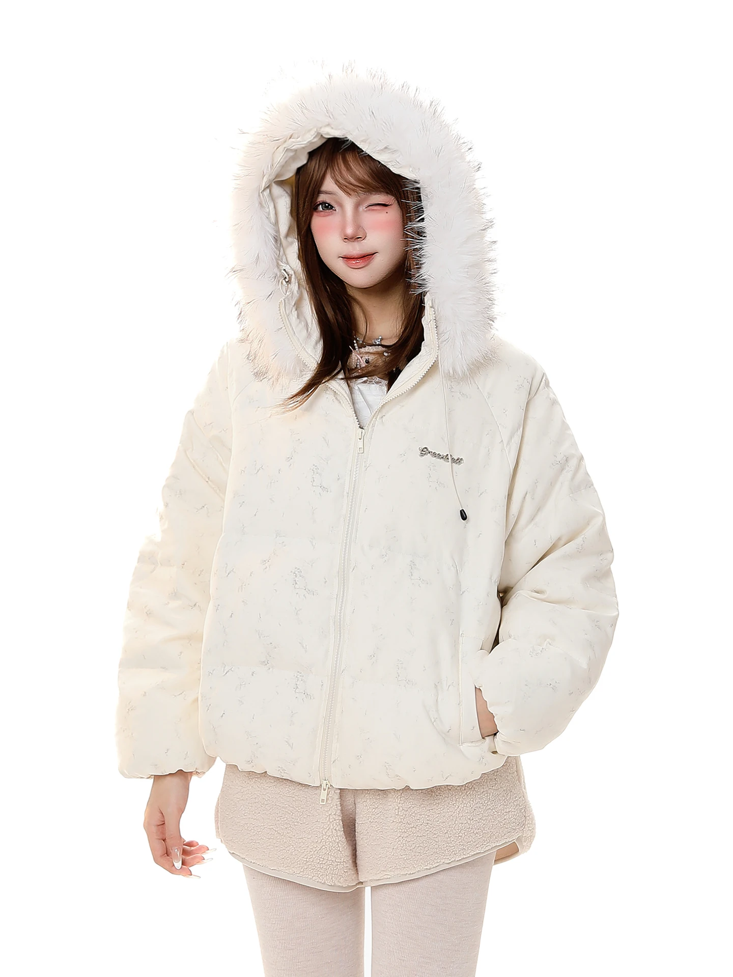 

Loose Fit White Du down Jaet with Hood Thiened Fur Collar Women's Winter Faion High End Sle Coat Casual Comfortable
