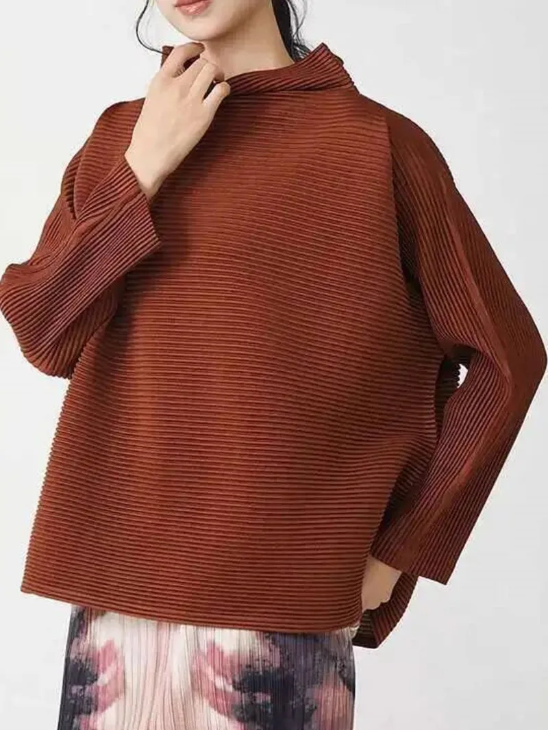 Long High Quality Sleeved Top For Women Loose Casual Stand Collar Pleated T-shirts 2025 New Chic Red Short Tee 2TQ2S