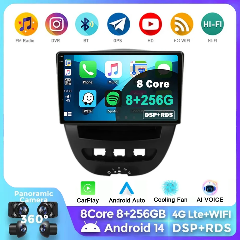 

Android 14 Carplay Car Radio For Peugeot 107 Toyota Aygo Citroen C1 2005-2014 Navigation GPS Multimedia Player Stereo video WIFI