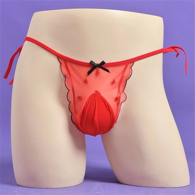 Sexy Lingerie Mens Strap Oil Shiny Sheath Thongs Male Sissy Pouch T-shaped Panties Underwear Transparent Bow G String Free Size view 4