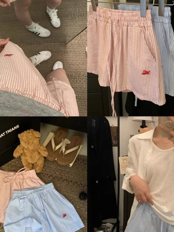 Calças curtas tradas de cintura alta e pernas largas para mulheres, estilo novo de verão 2025, calças esportivas casuais e...