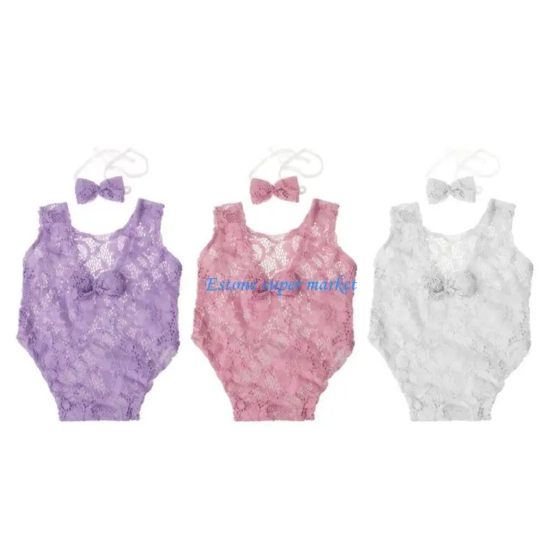 090B Baby Headband Bodysuit Set Newborn Photography Prop Knitted Lace Floral Jumpsuit