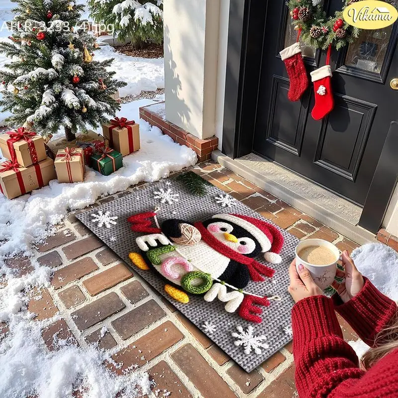 VIKAMA Gold Bell Holly Crochet Entryway Rug Non Slip Low Profile Mats for Outside Front Door Xmas Winter Decor Washable