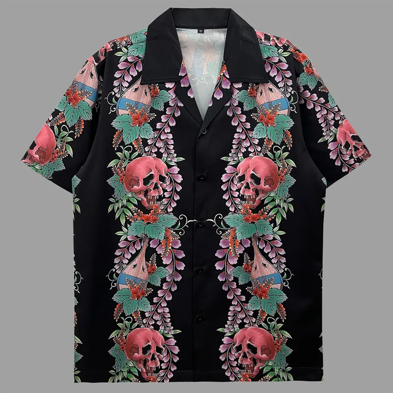 Skull Rose Print Shirts Men Korean Casual Shirt Stage Outfit Print Shirt Party Men Clothing Camisa Social Masculina Flower Shirt