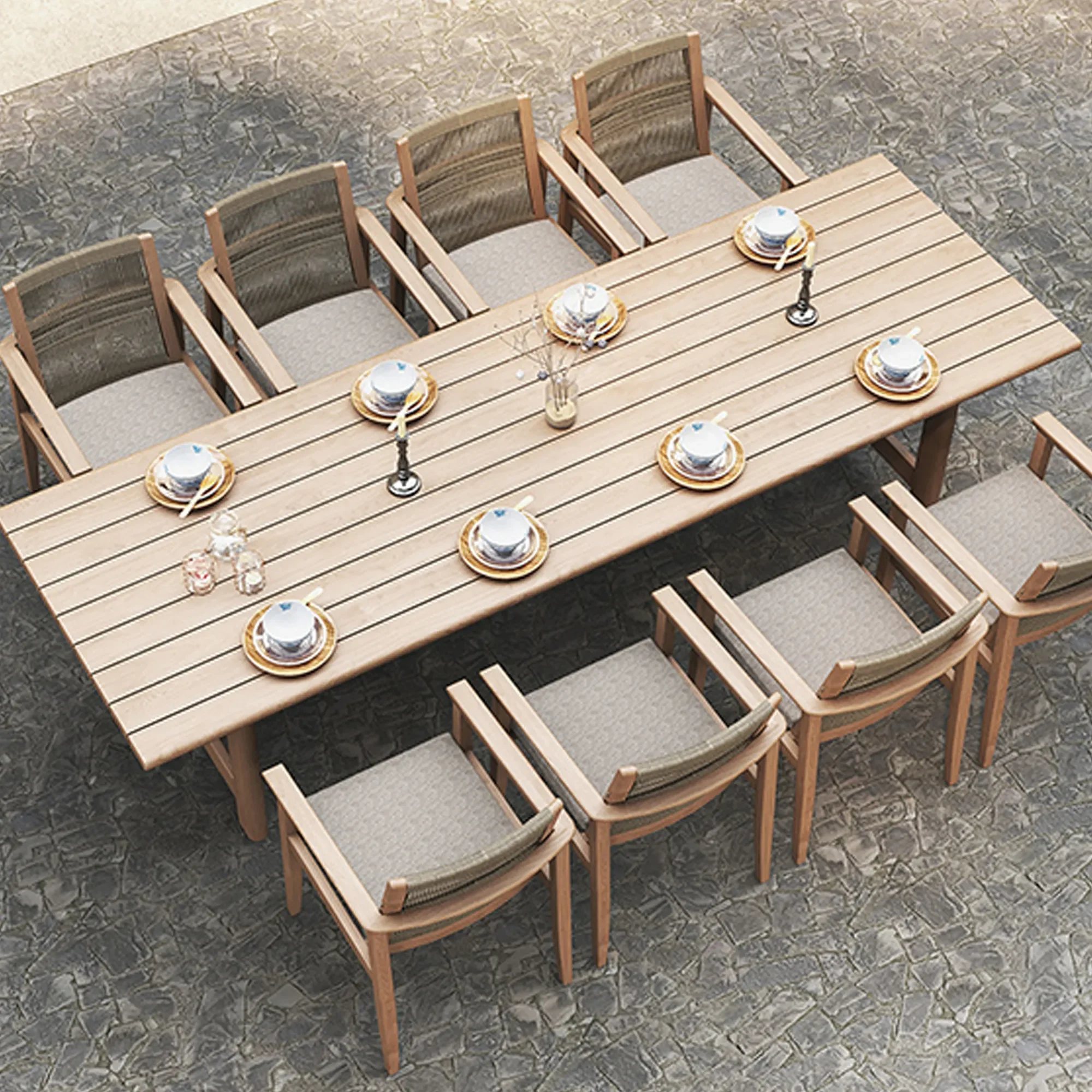 

k Wood and Rope Outdoor Dining Table and Chairs Sets for 8