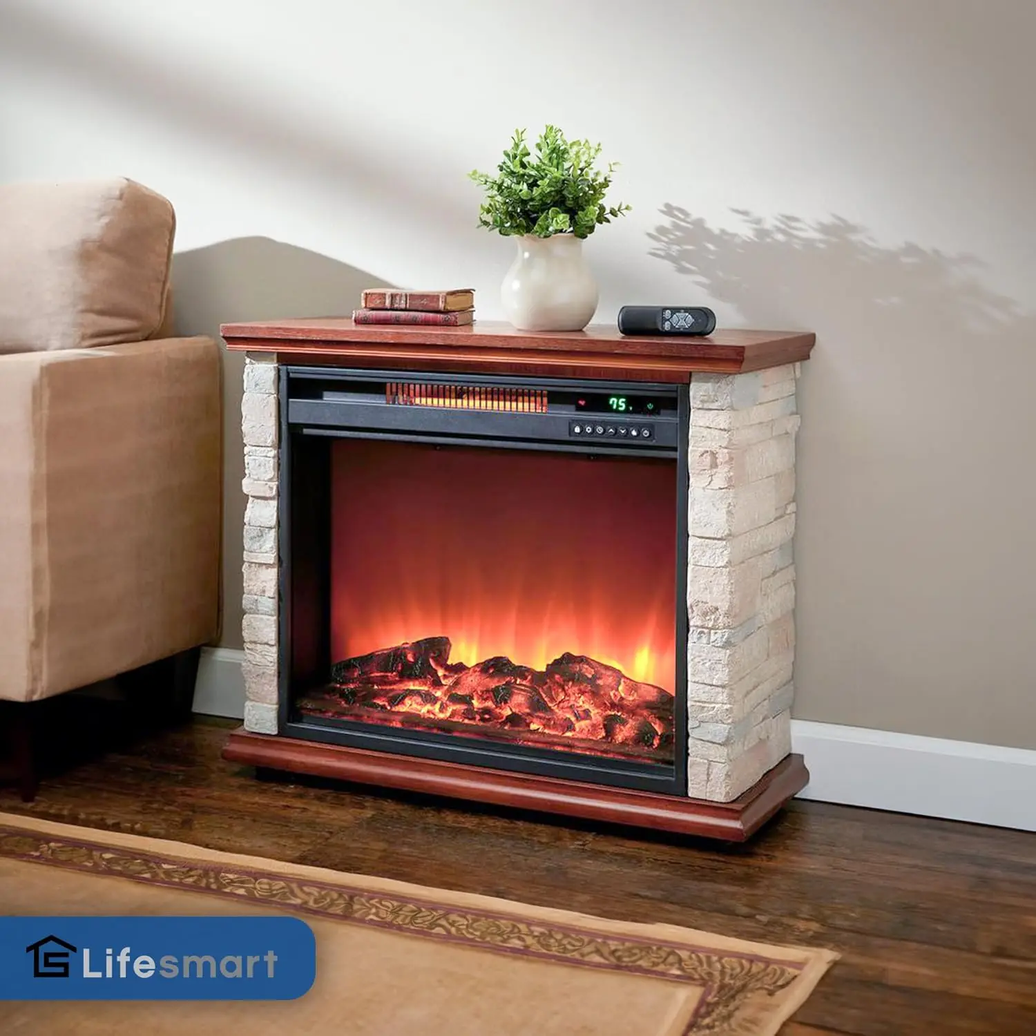 Lifesmart Electric Fireplace Heater, 1500 Watts, 3 Heating Elements, Faux Stone & Oak Wood