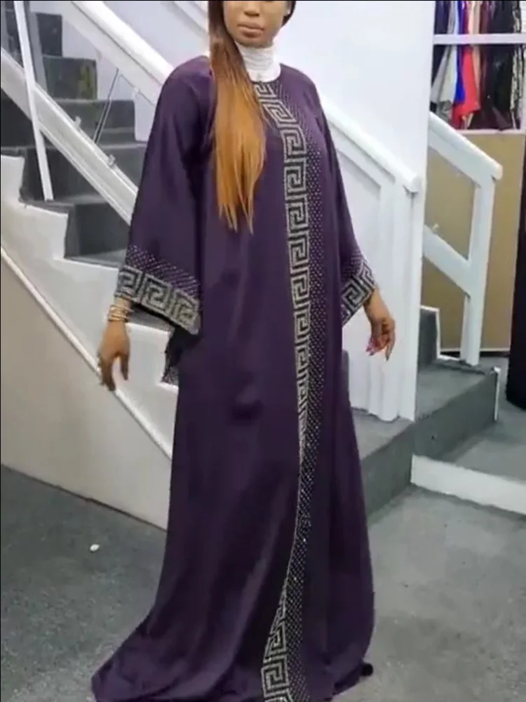 Elegant Fashion Purple African Dresses Flare Sleeve Diamonds Islamic Clothing Abaya Muslim Robe Long Maxi Party Dress Vestidos