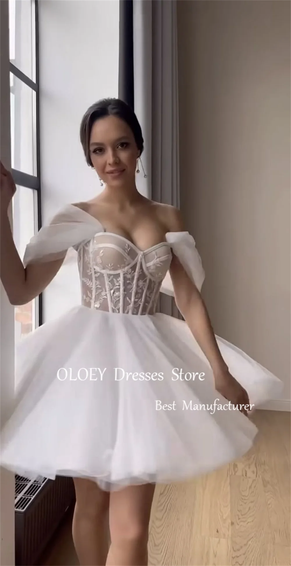 OLOEY Modern Style Lace Followers Mini Wedding Dress 2024  Sweetheart Collar Draped Birthday Party Dress Vestidos Novias Boda