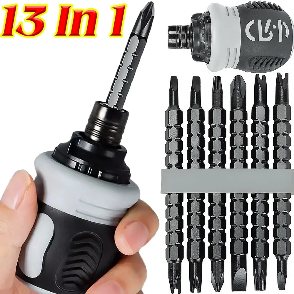 13 in 1 Ratchet Screwdriver Set Short Handle Cross Groove Drill Head Telescopic Detachable Steel Screw Driver Repair Hand Tools