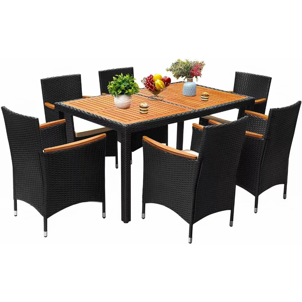 

7 Piece Patio Dining Set Outdoor Acacia Wood Table and Chairs with Soft Cushions Wicker Patio Furniture for Deck, Backyard, Gar