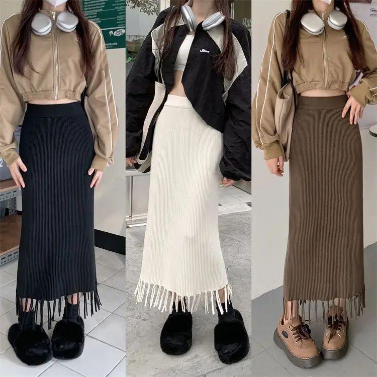 

Thickened Half Skirt Female Autumn Winter High Waist Slit Fringe Knitting 2024 New Korean Style A-line Skirt Medium Length LJ219