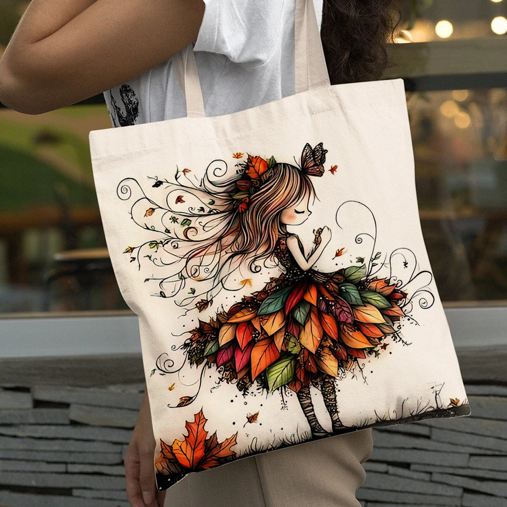 

Casual Maple leaf Cute Cartoon Girl Art Shopping Bag Eco Women Big Capacity Shopper Bags Double Print Lady Tote Shoulder Handbag