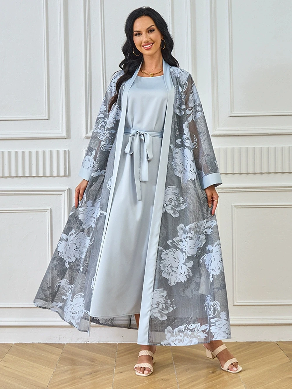 

New Middle Eastern Ramadan Moroccan Muslim Abaya Robe Dress Floral Casual Dress Cardigan Two Piece Set Women's Wear