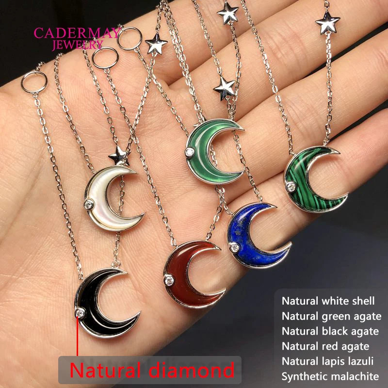 Natural diamond pendant necklace natural red green black agate synthetic malachite natural white shell moon star necklace women