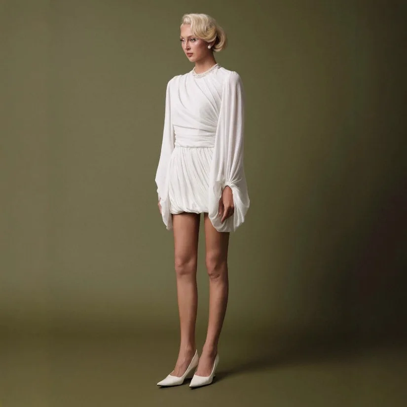 Euro-amerikanisches Damen-Kleid, sexy, modisch, lässig, schick, elegant, einfarbig, plissiert, langärmelig, Laternenärmel