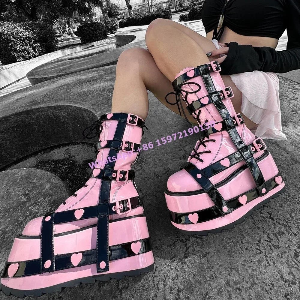 Black Pink Heart Boots Belt Buckle Round Toe Thick Soled Leather Hotties Fashion Buckle Lace Up Boots Women's Lovely Cool Shoes