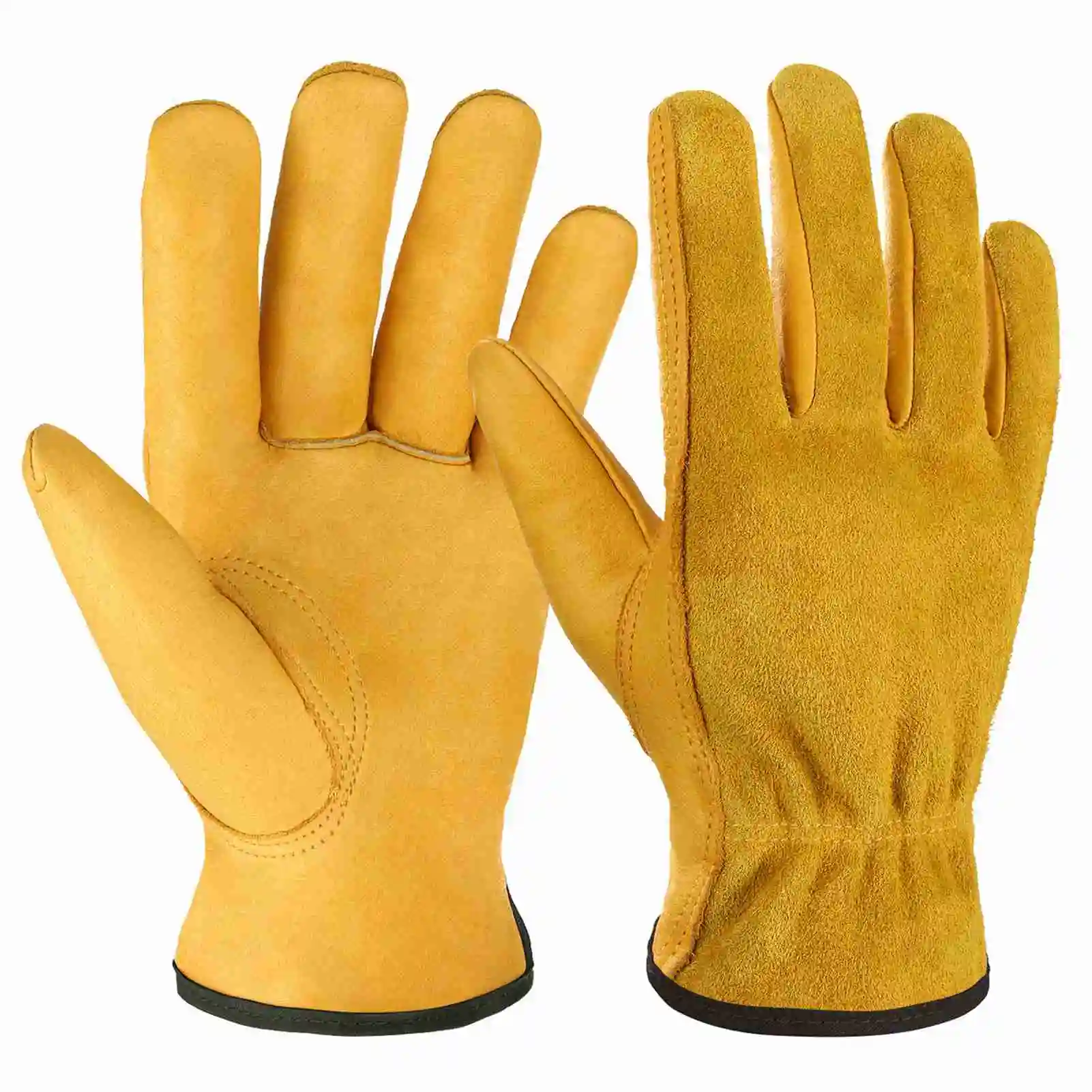 

Leather Work Gloves for Men and Women Cowhide Gloves with Elastic Cuff Winter Warm Gloves for Wood Cutting/ Construction/ Truck