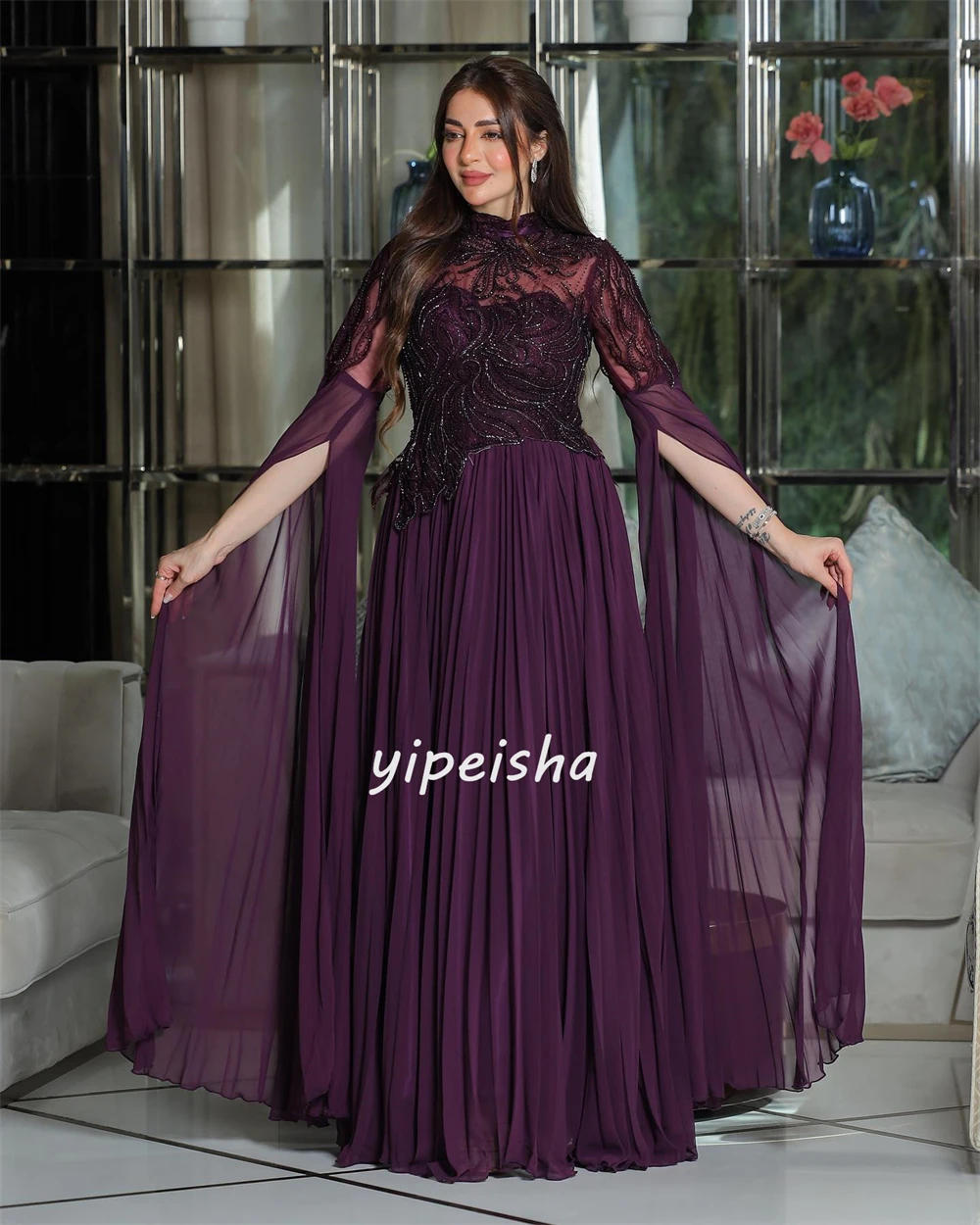 Chiffon Applique Draped Formal Evening A-line High Collar Bespoke Occasion Gown Long Dresses