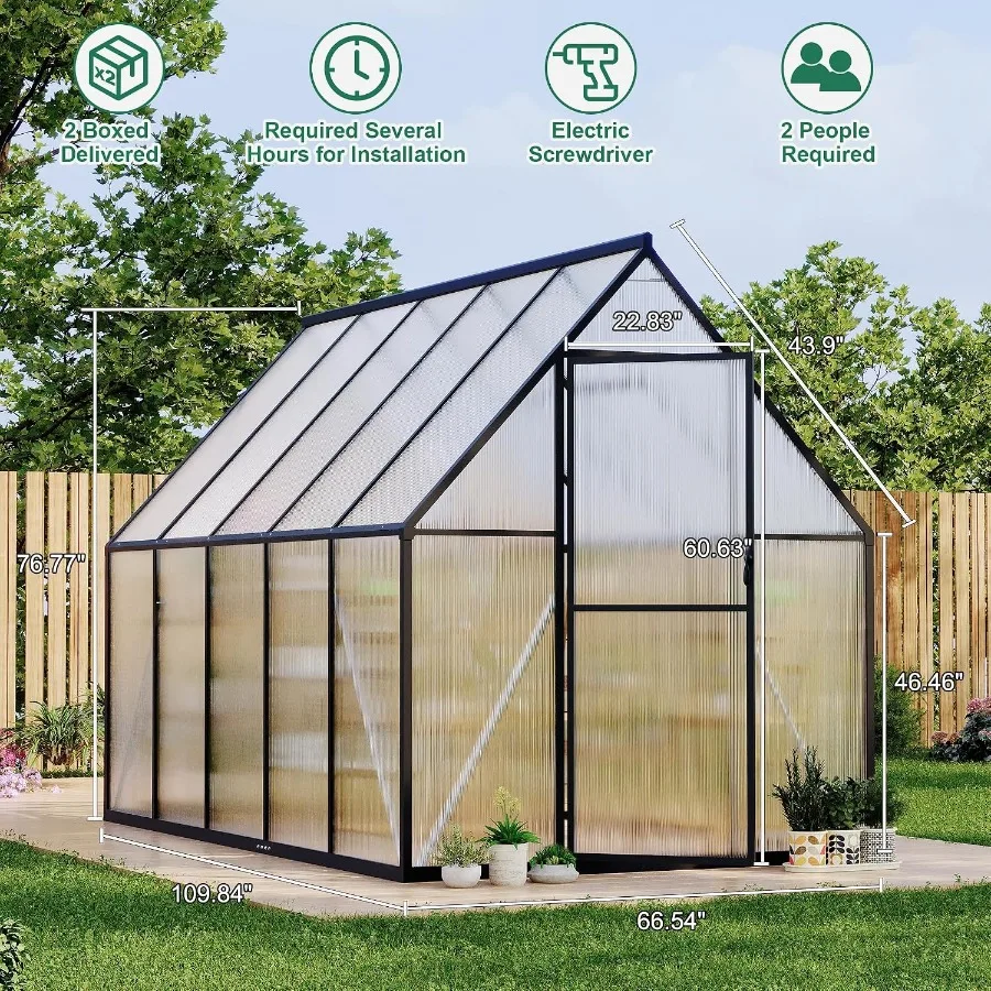 Outdoor polycarbonate house kit for all-season use, heavy-duty reinforced aluminum frame, gray, adjustable roof vent and lockab