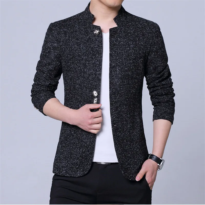 Mężczyźni garnitur kurtki płaszcze jednolity kolor długi rękaw stojak kołnierz pojedyncze piersi Smart Casual formalne Slim męskie Blazer płaszcze Plus rozmiar